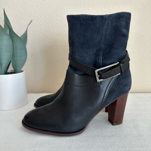 Clarks Kacia Garnet Navy Blue Suede/Leather Mid Height Heeled Boots Women’s 9M - Picture 1 of 11